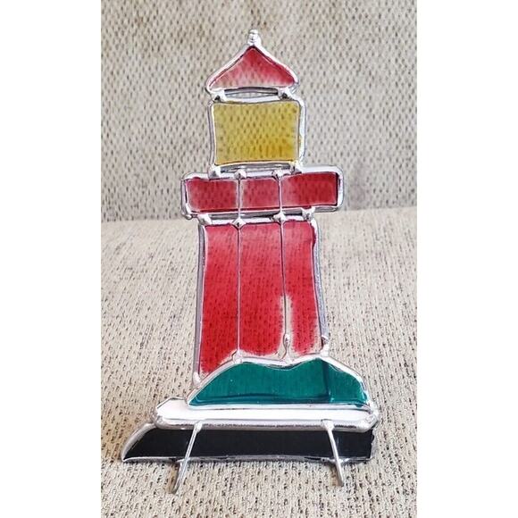 Red Lighthouse Stained Glass Standing SunCatcher Home Decor - Picture 1 of 6
